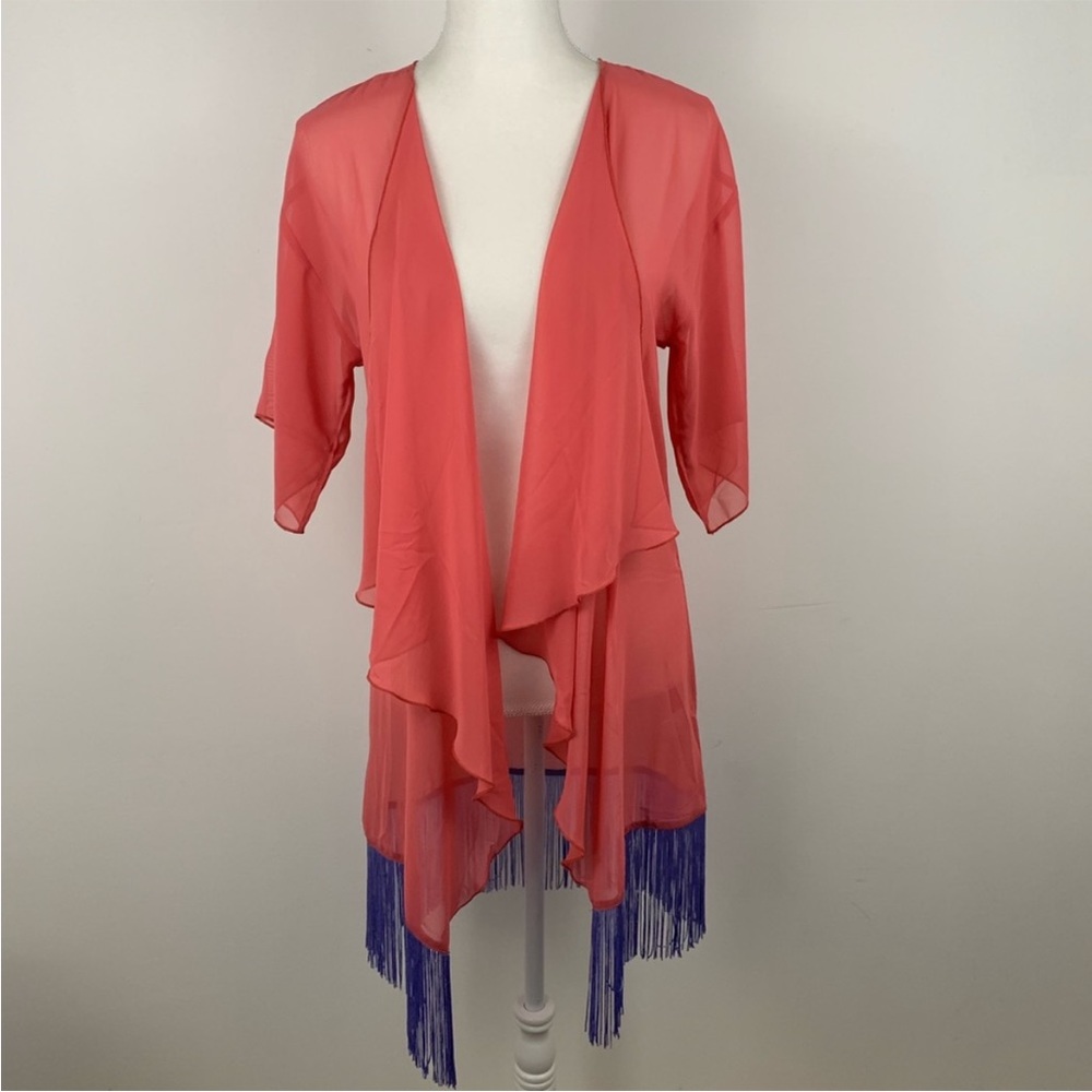 Lularoe pink kimono open sheer cardigan fringe top size small